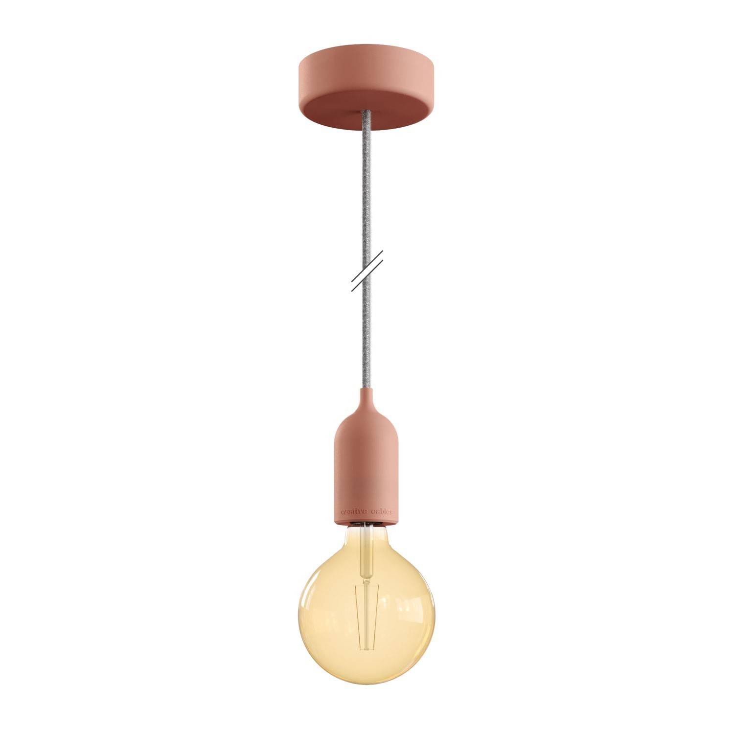 Lampa de exterior EIVA PASTEL cu fir textil de 1,5 metri, rozetă colorată din silicon și suport de lampă rezistent la apă IP65.