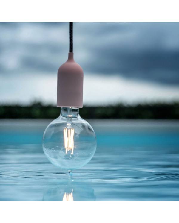 EIVA PASTEL Zewnętrzna lampa wisząca z 1,5 mm kablem w oplocie, kolorową podsufitką i z silikonową oprawką IP65 waterproof