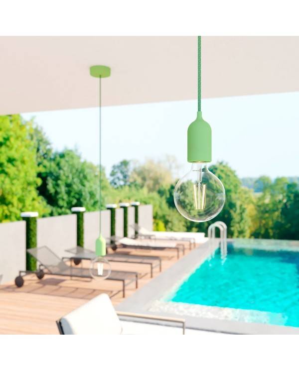 EIVA PASTEL Suspensão exterior com cabo têxtil, rosácea de teto colorida em silicone e casquilho IP65 impermeável