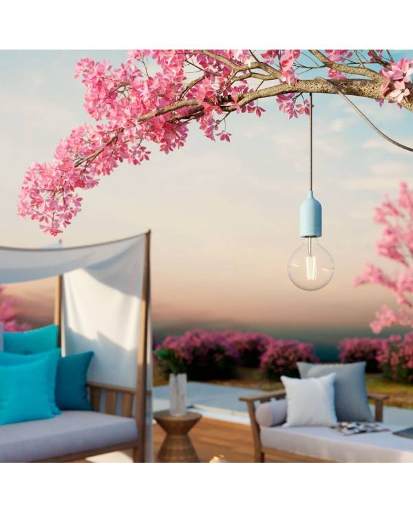 EIVA PASTEL Suspensão exterior com cabo têxtil, descentralizador, rosácea de teto em silicone e casquilho IP65 impermeável