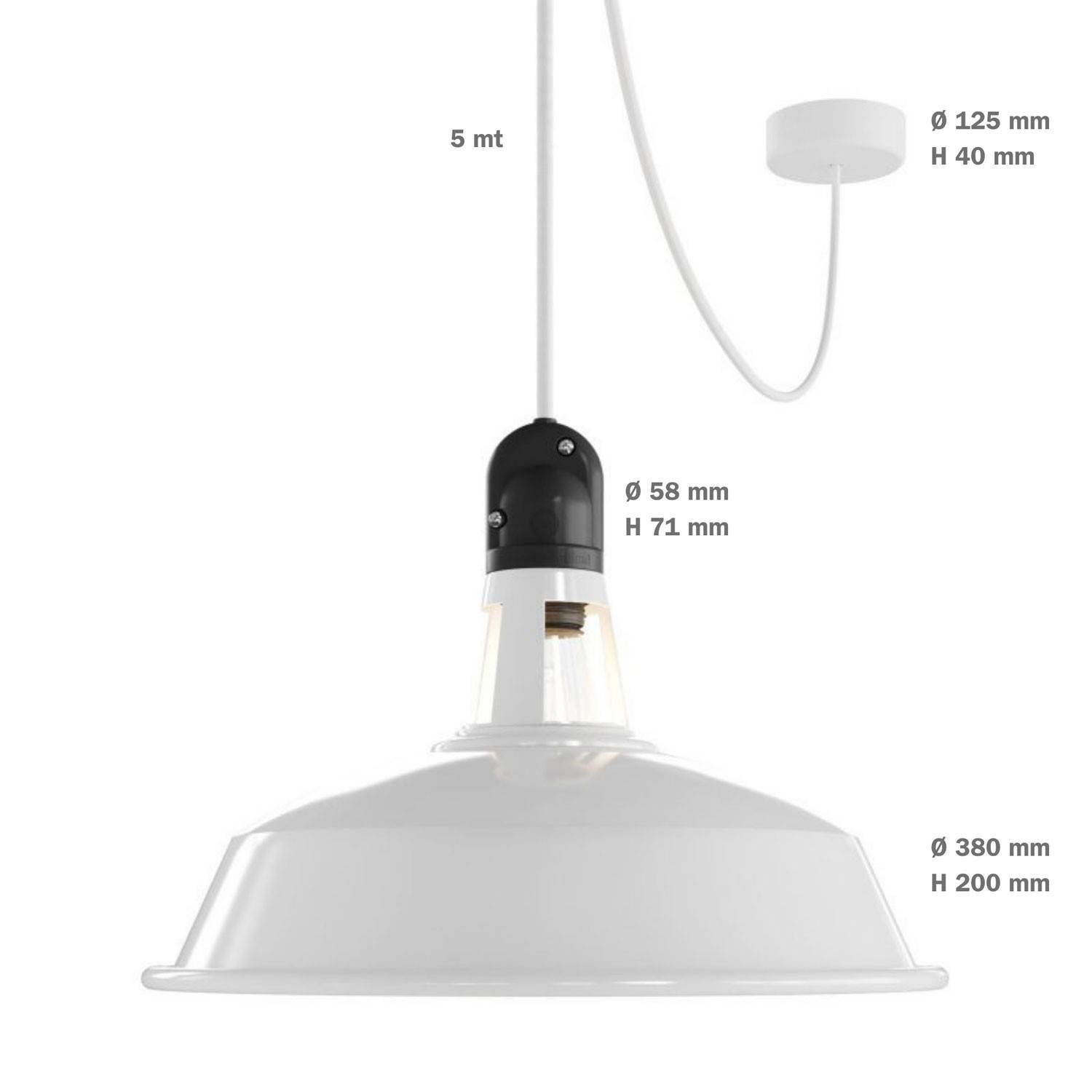 EIVA Zewnętrzna lampa wisząca z kloszem, 5 mm kablem w oplocie, uchwyt na kabelem, podsufitką i oprawką IP65