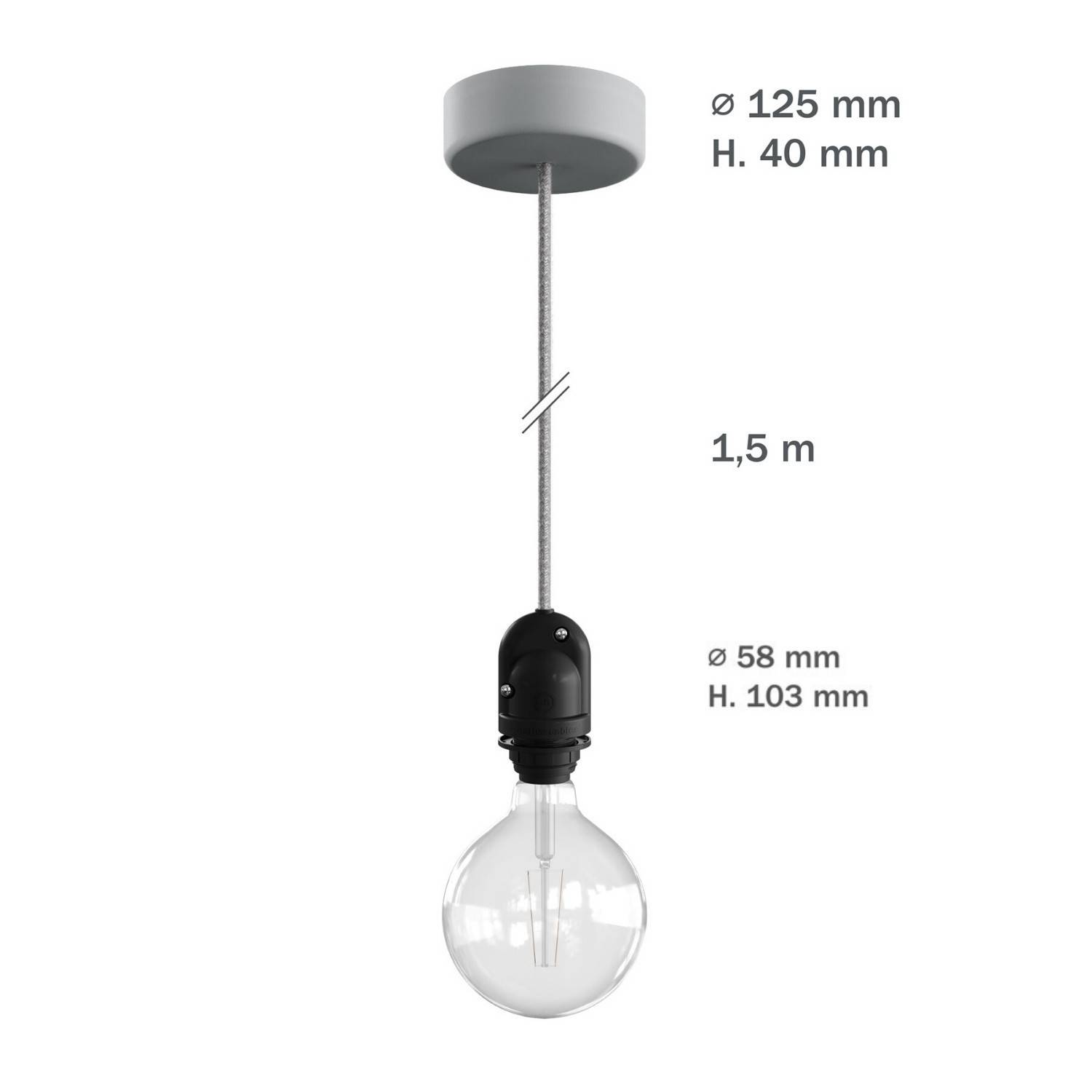 EIVA Zewnętrzna lampa wisząca do klosza z 1,5 mm kablem w oplocie, podsufitką i z silikonową oprawką IP65 waterproof