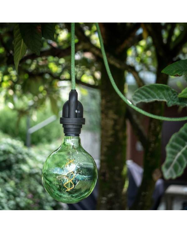 Suspensão para exterior EIVA para iluminação com cabo têxtil de 5 m, descentralizador, rosácea de silicone e casquilho IP65