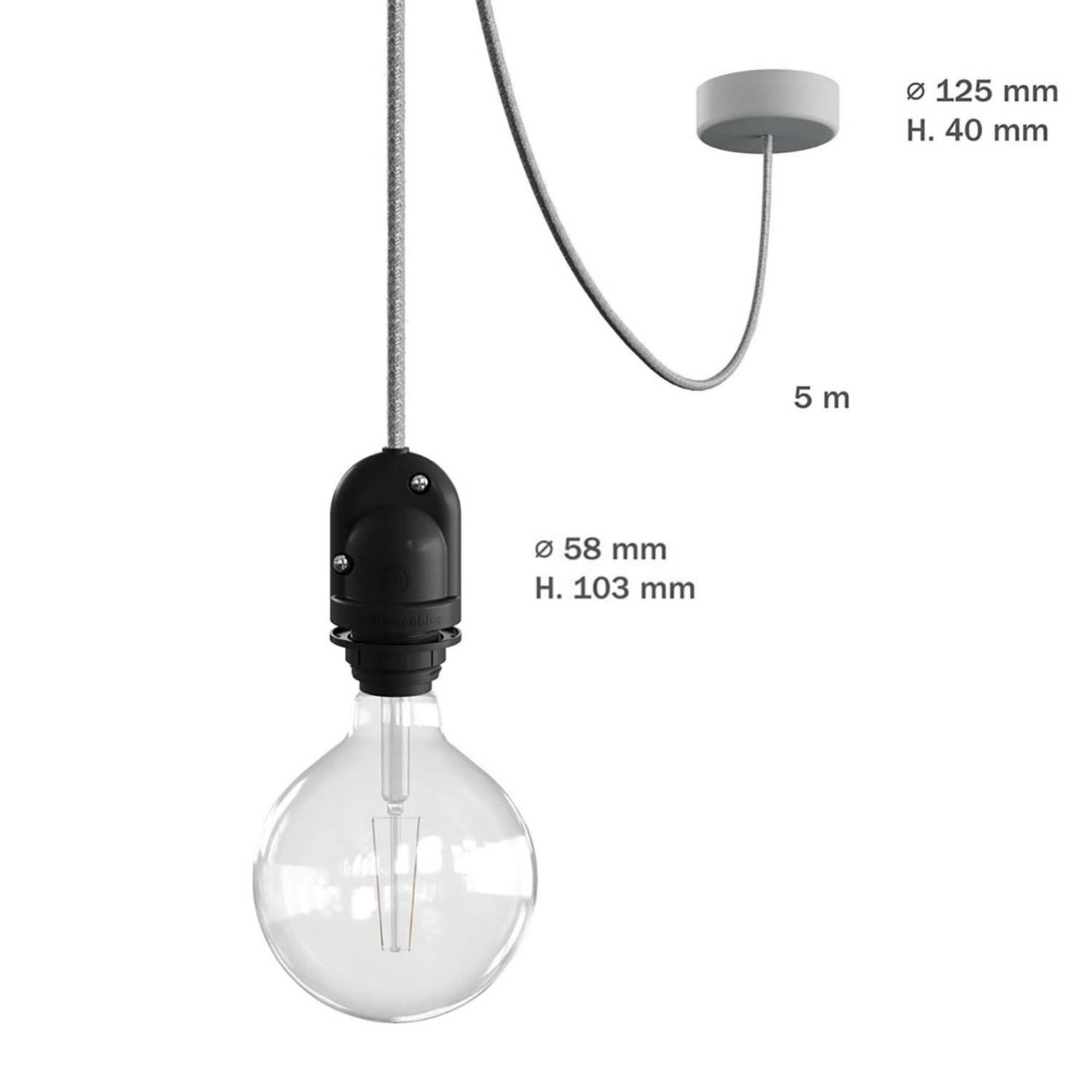 EIVA Buiten hanglamp voor lampenkap met 5m textiel kabel, decenter, roos en waterdichte fitting IP65