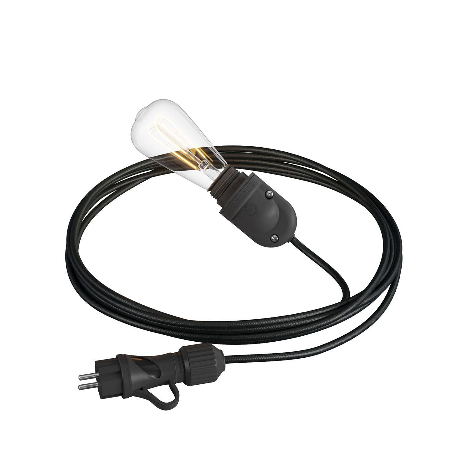 Eiva Snake, lampă portabilă pentru exterior, cablu textil de 5 m, suport și mufă impermeabile IP65.