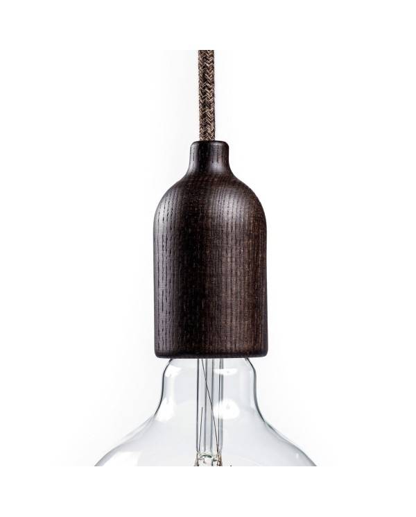 Kit lamphållare E27 i trä med dold dragavlastare