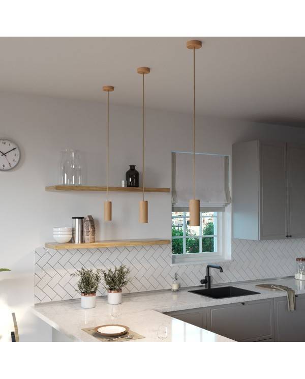 Hanglamp compleet met strijkijzersnoer en Tub-E14 houten kap