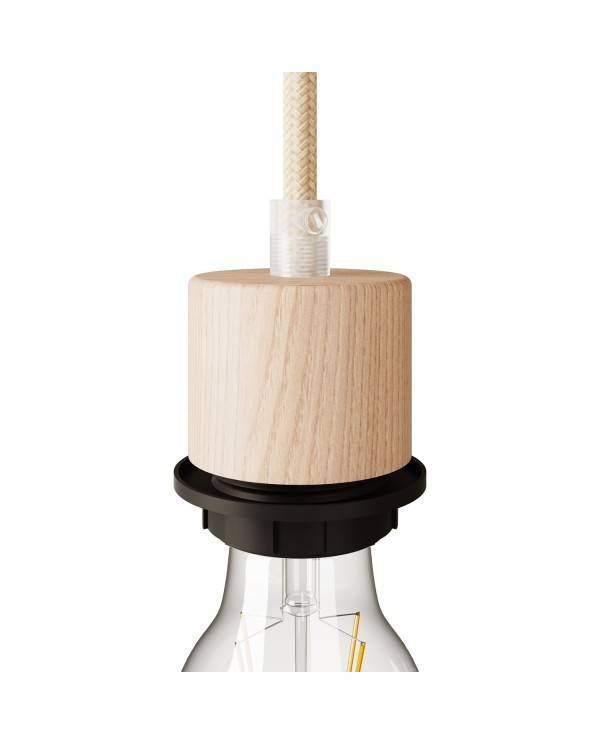 Suport de lampă filetat cilindric E27 din lemn cu clema de cablu pentru abajur.