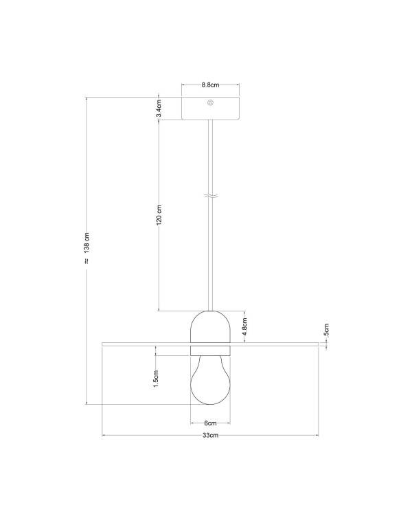 Lampă suspendată din lemn cu cablu din material textil și abajur în formă de OZN.