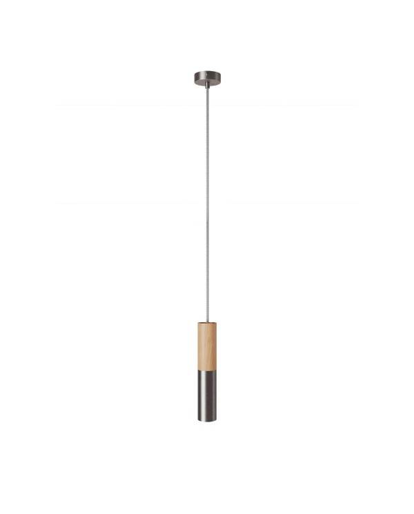 Hanglamp compleet met textielkabel en dubbele Tub-E14 houten en metalen afwerking - Made in Italy