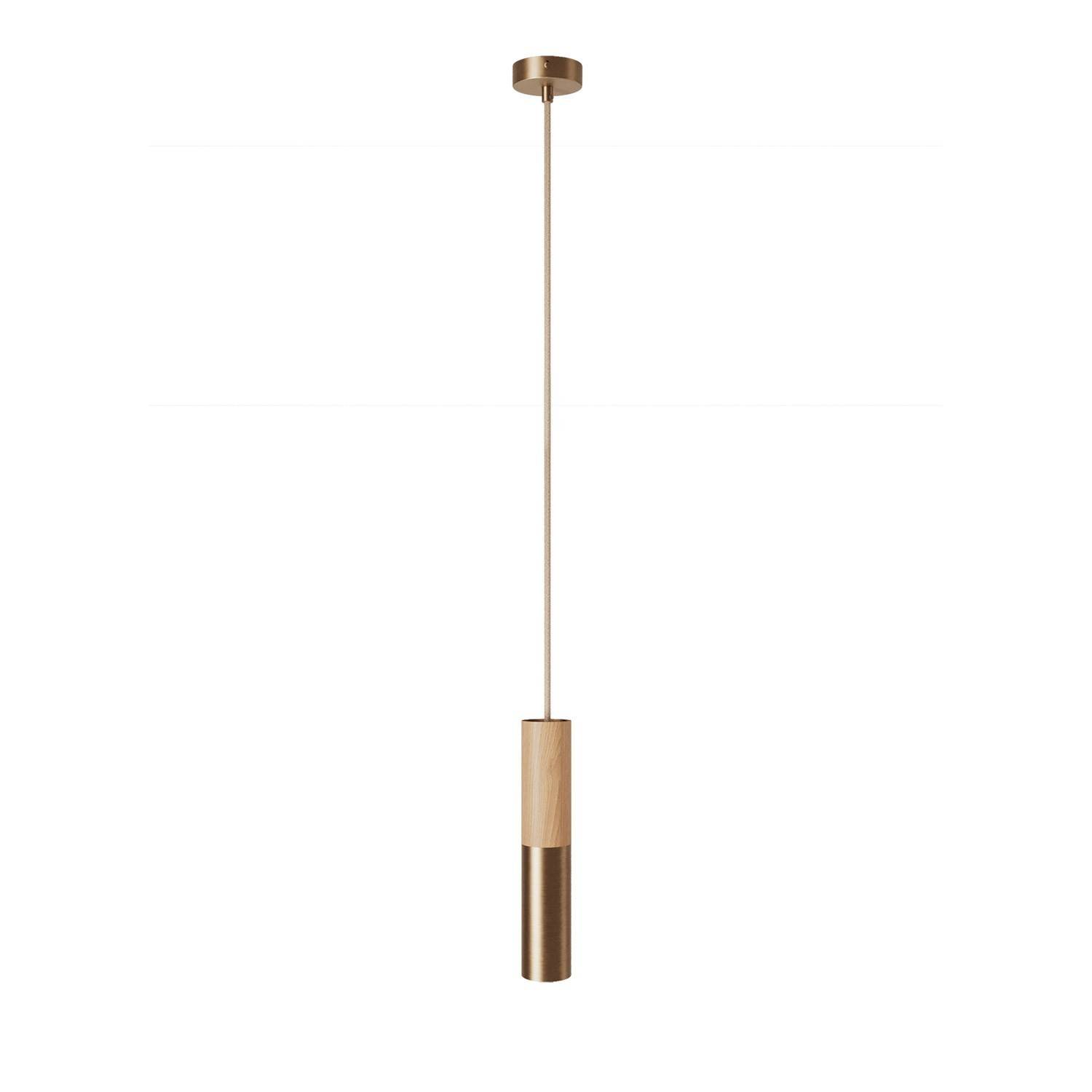 Hanglamp compleet met textielkabel en dubbele Tub-E14 houten en metalen afwerking - Made in Italy