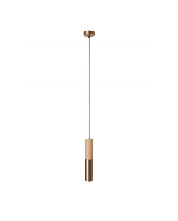 Hanglamp compleet met textielkabel en dubbele Tub-E14 houten en metalen afwerking - Made in Italy