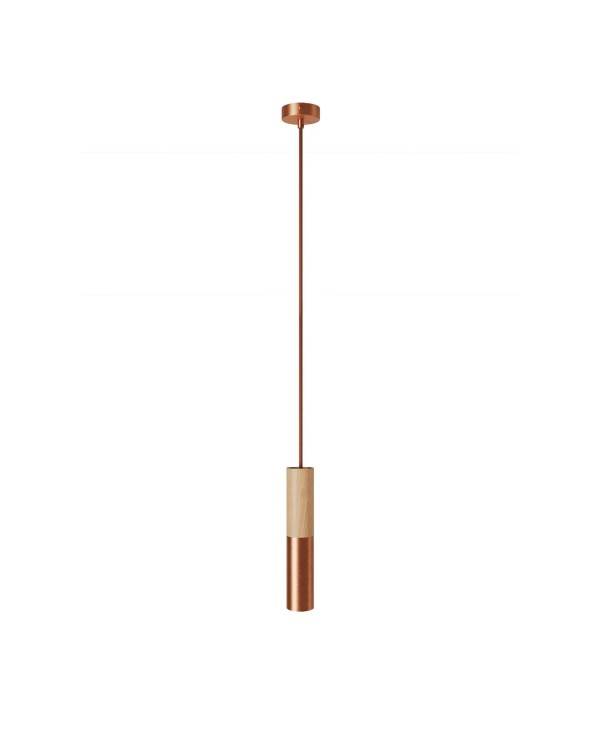 Hanglamp compleet met textielkabel en dubbele Tub-E14 houten en metalen afwerking - Made in Italy