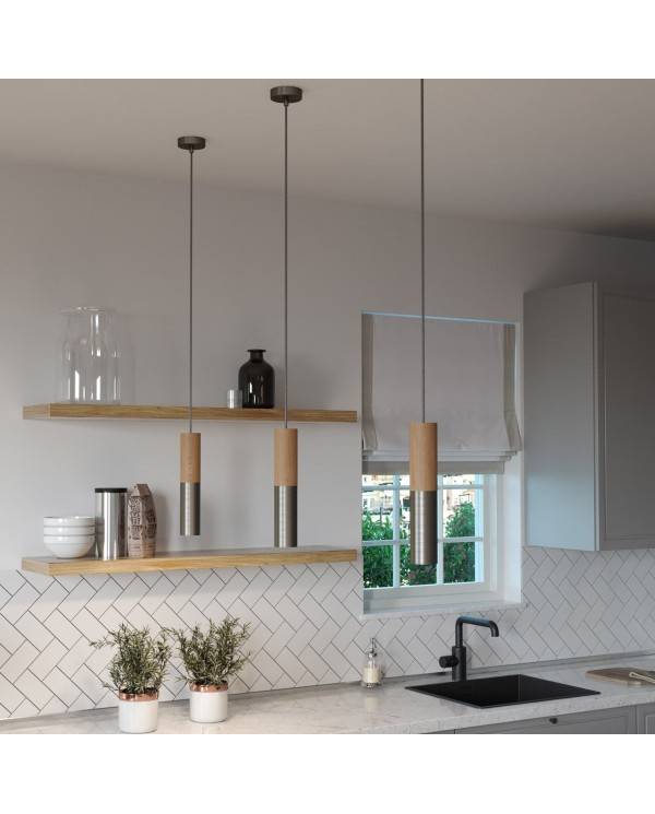 Hanglamp compleet met textielkabel en dubbele Tub-E14 houten en metalen afwerking - Made in Italy