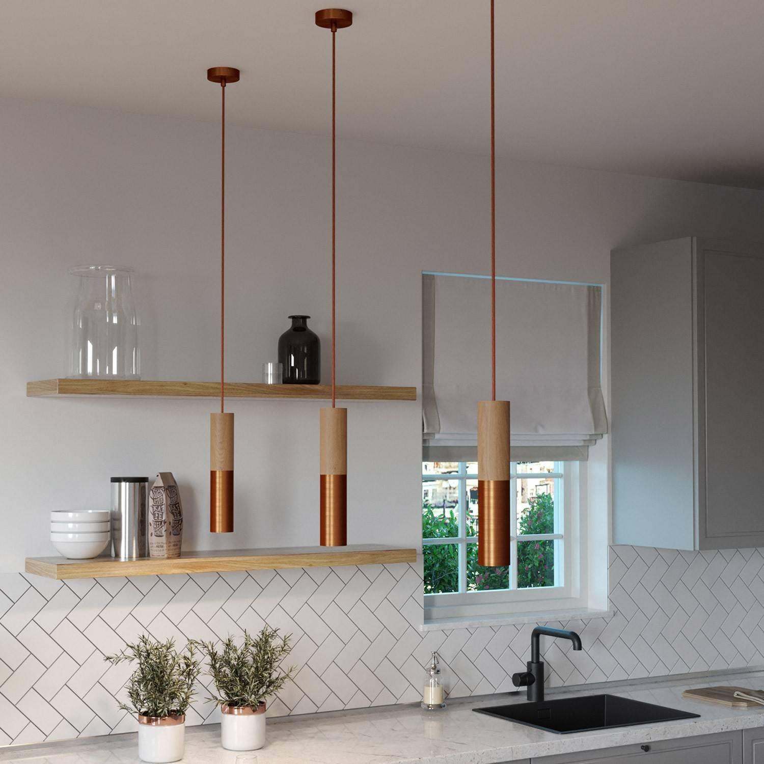 Hanglamp compleet met textielkabel en dubbele Tub-E14 houten en metalen afwerking - Made in Italy