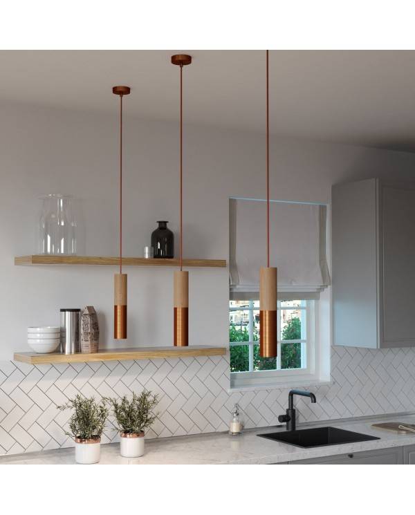 Hanglamp compleet met textielkabel en dubbele Tub-E14 houten en metalen afwerking - Made in Italy