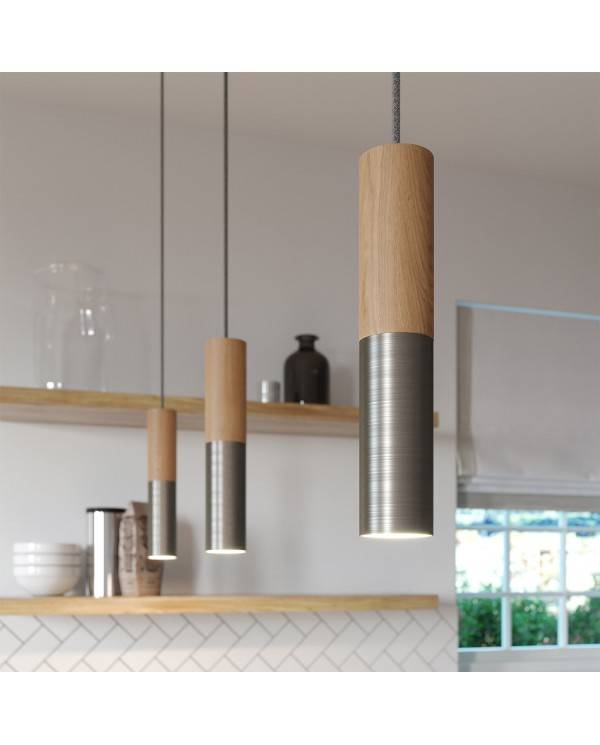 Hanglamp compleet met textielkabel en dubbele Tub-E14 houten en metalen afwerking - Made in Italy