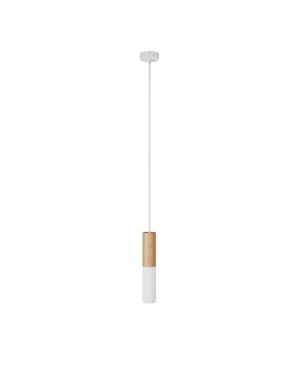 Lámpara colgante Made in Italy con cable textil y doble pantalla Tub-E14 en madera y metal