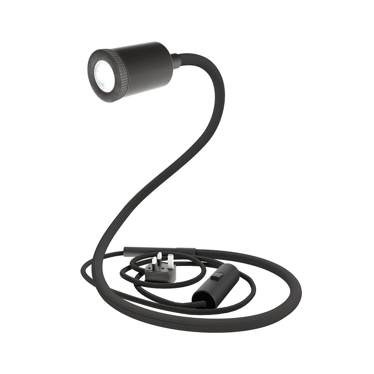 Lampă flexibilă GU1d fără bază, cu mini reflector LED și mufă de priză UK.