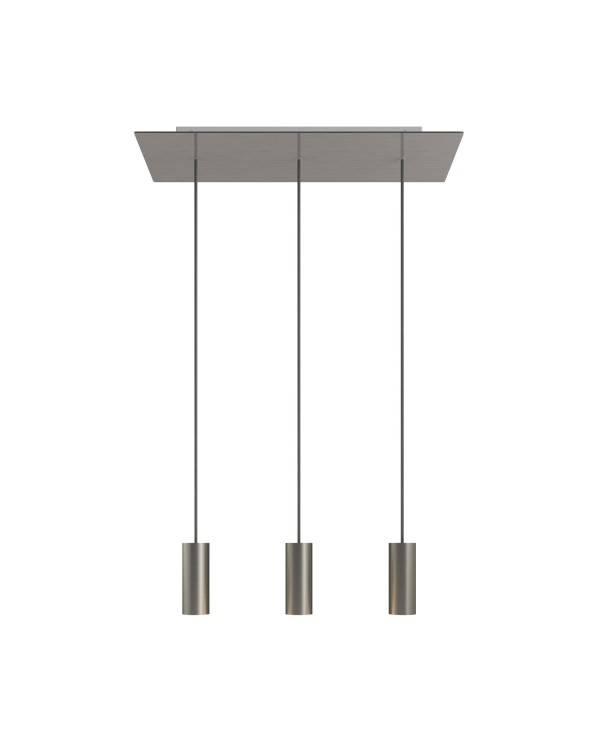 3 lichts-hanglamp voorzien van XXL rechthoekige Rose-One 675 mm compleet met strijkijzersnoer en Tub E14 metalen lampenkap