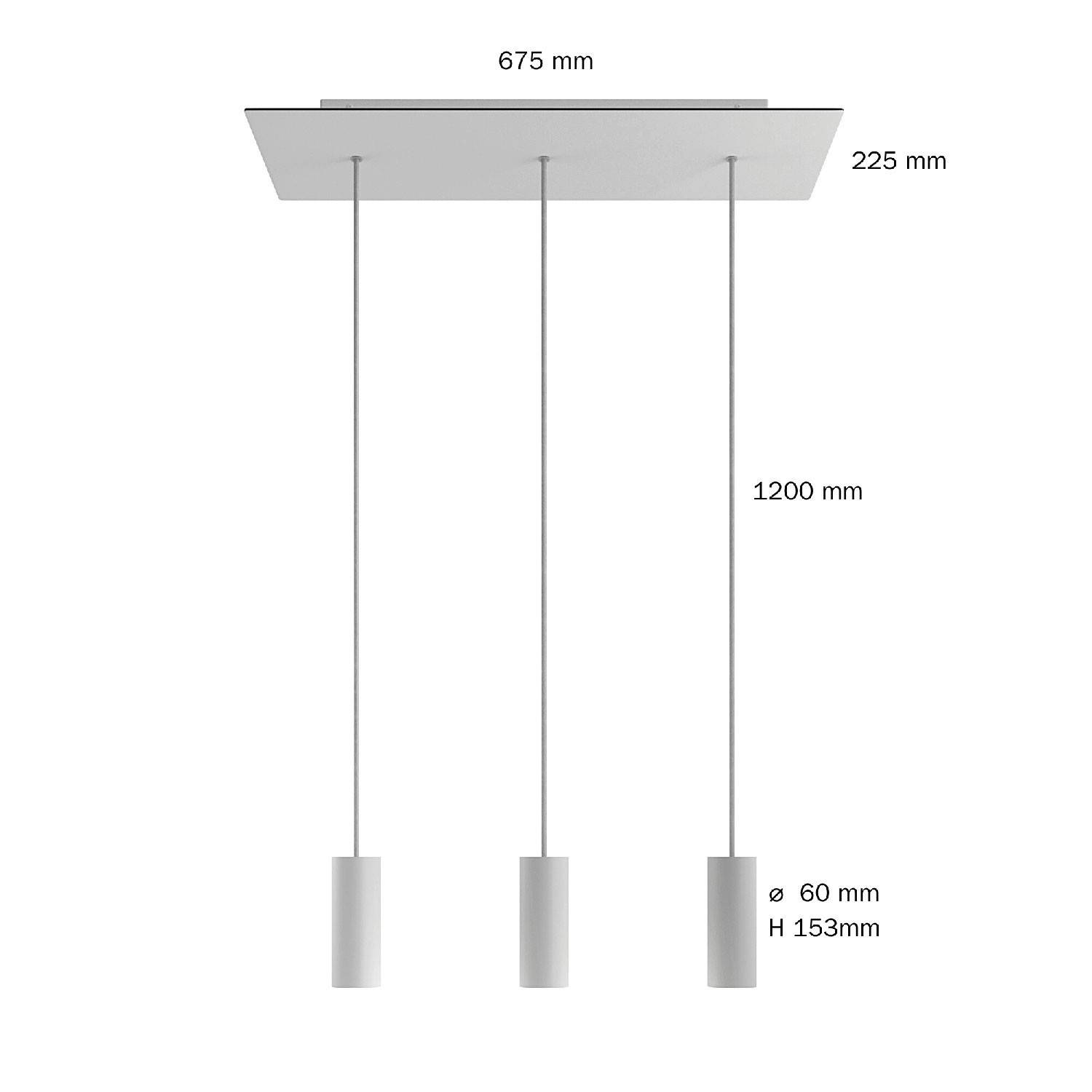 3 függesztékes lámpa 675 mm-es téglalap alakú XXL Rose-One rózsával, szövetkábellel és fém Tub-E14 lámpabúrával