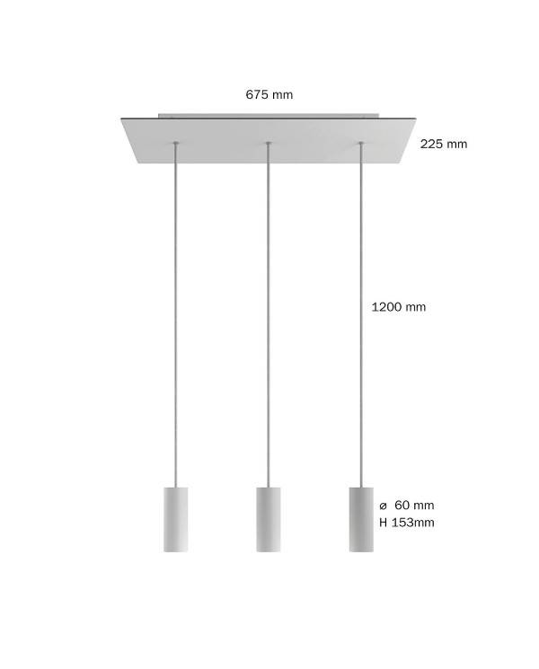 3 függesztékes lámpa 675 mm-es téglalap alakú XXL Rose-One rózsával, szövetkábellel és fém Tub-E14 lámpabúrával