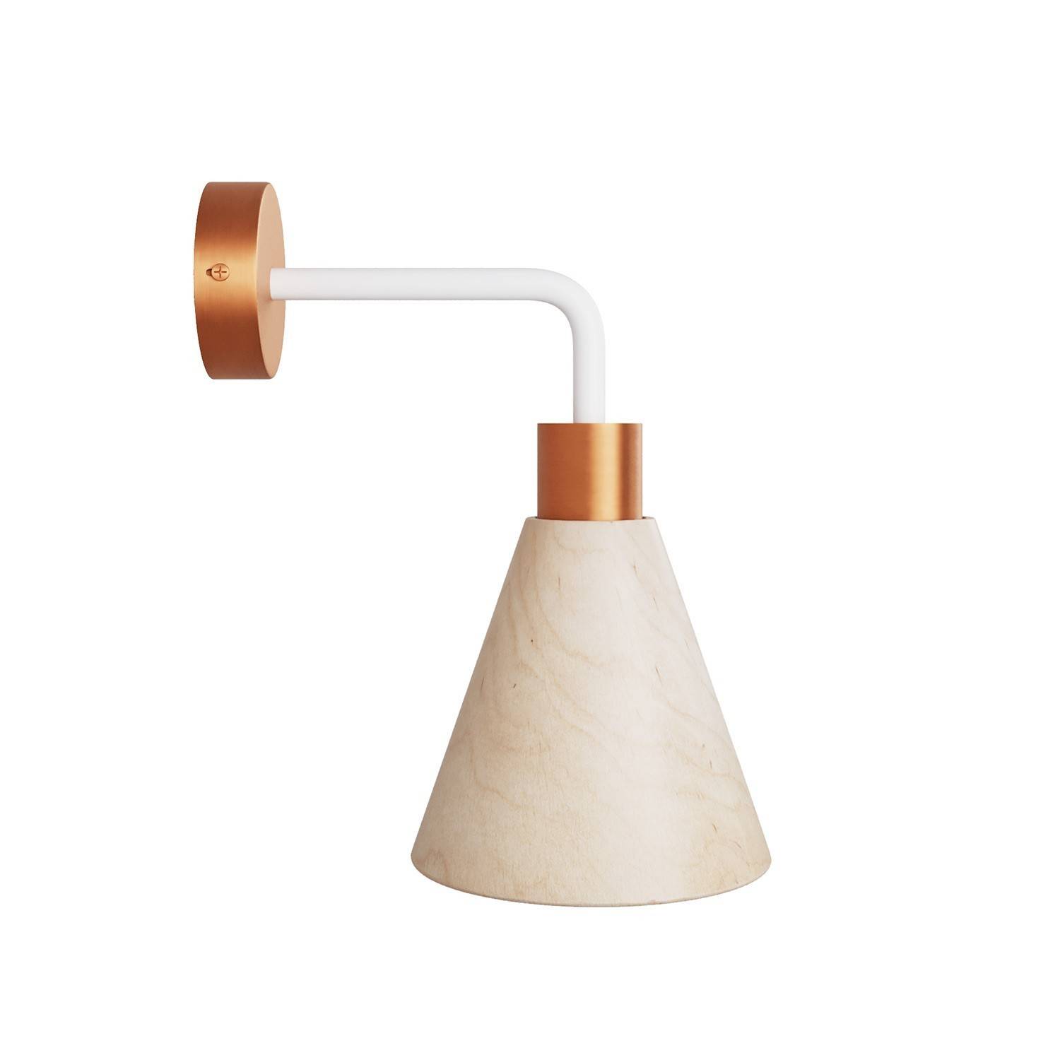 Fermaluce lamp with wooden conical lampshade and curved extension