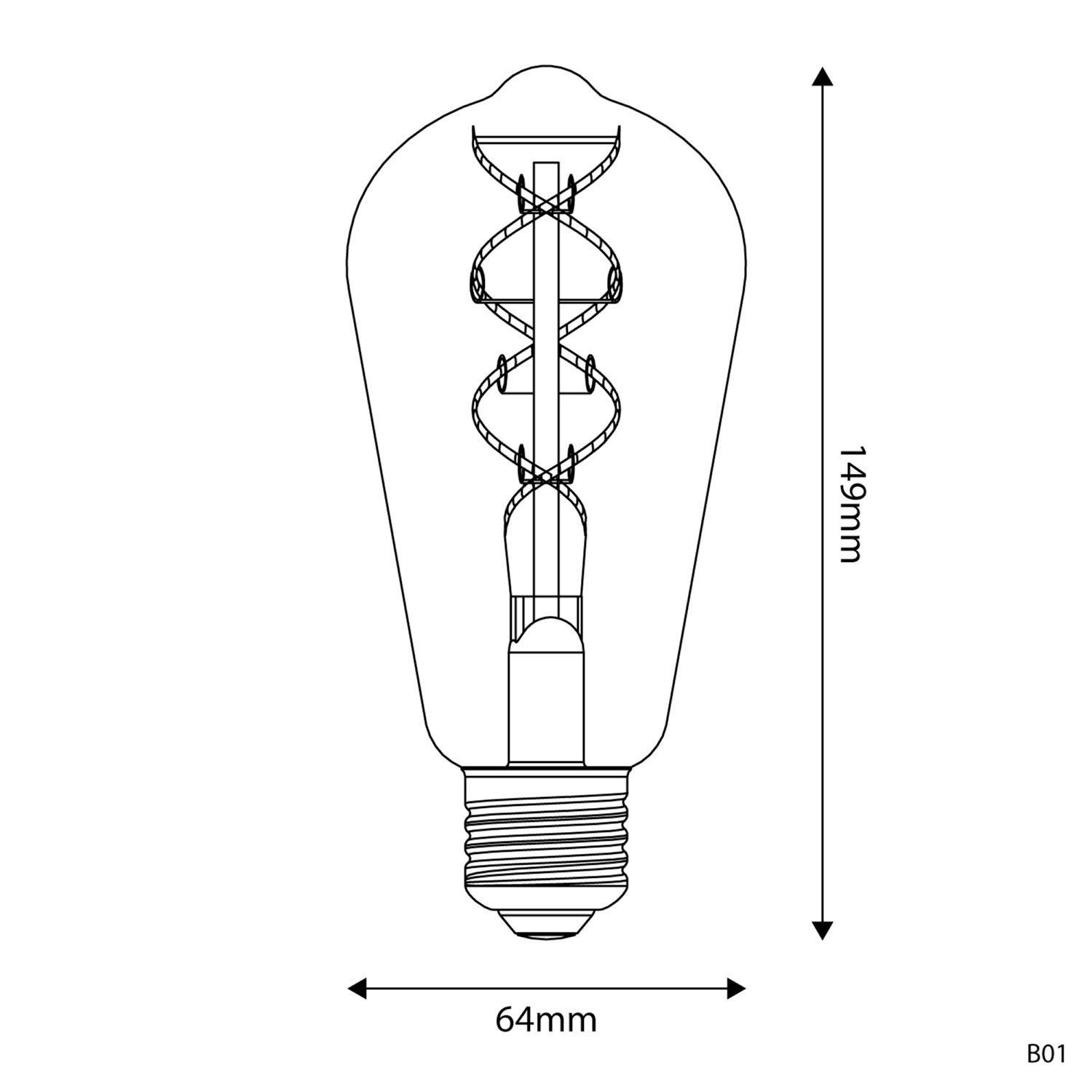 Bec LED cu filament spiralat din colecția Gold B01, 5V Edison ST64 1,3W 80Lm E27 2500K, reglabil.