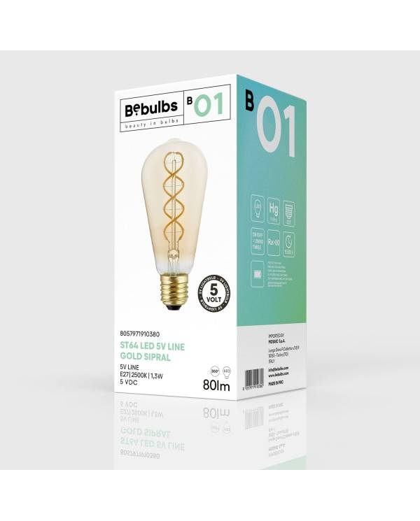 B01 Edison ST64 gyllene LED-lampa 5V kollektion Spiralfilament 1,3W E27 Dimbar 2500K