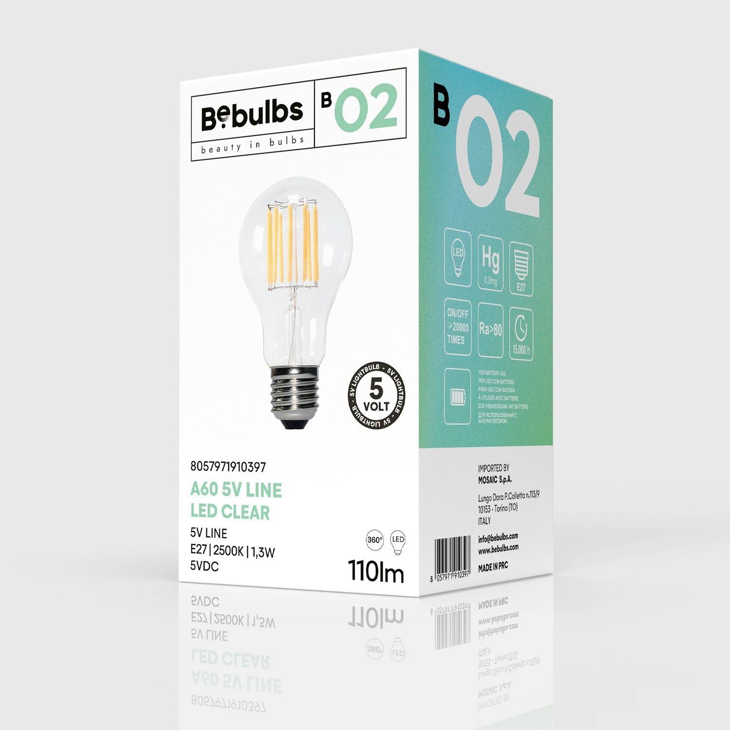 Transparente LED-Glühbirne B02 Linie 5V vertikales Filament Drop A60 1,3W 110Lm E27 2500K Dimmbar