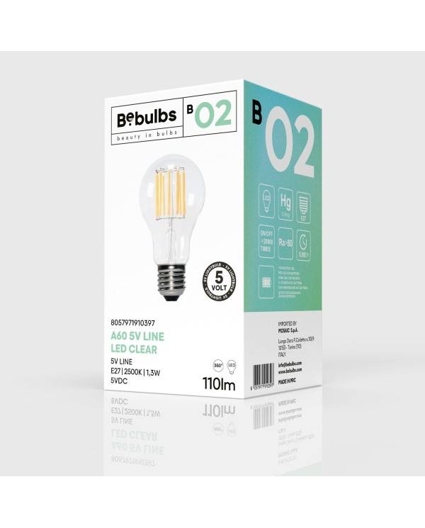 LED Lamp helder B02 5V Collection Verticaal filament Drop A60 1,3W E27 Dimbaar 2500K