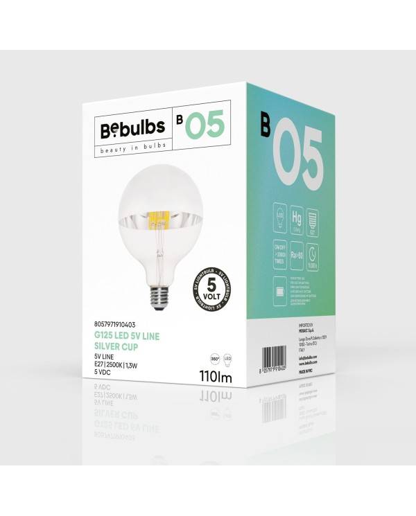 LED G125 félgömb ezüst izzó B05 5V-os kollekció rövid izzószállal 1,3W E27 Dimmelhető 2500K