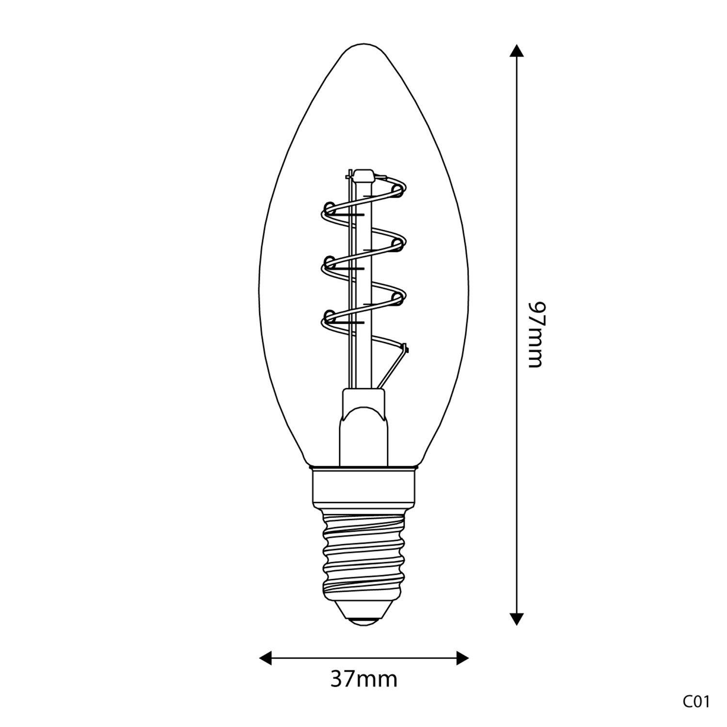 Bec LED cu filament spiralat curbat, de culoare auriu, în formă de linie de carbon, tip candelabru C35, 2,5W 136Lm E14 1800K, re