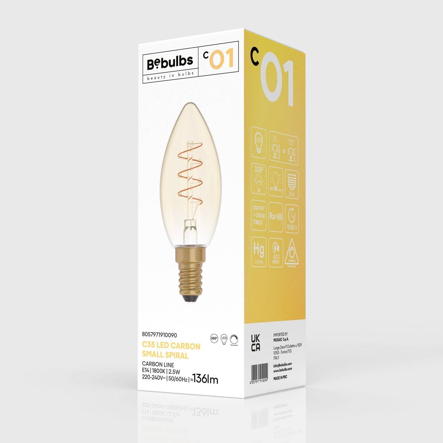 Bec LED cu filament spiralat curbat, de culoare auriu, în formă de linie de carbon, tip candelabru C35, 2,5W 136Lm E14 1800K, re