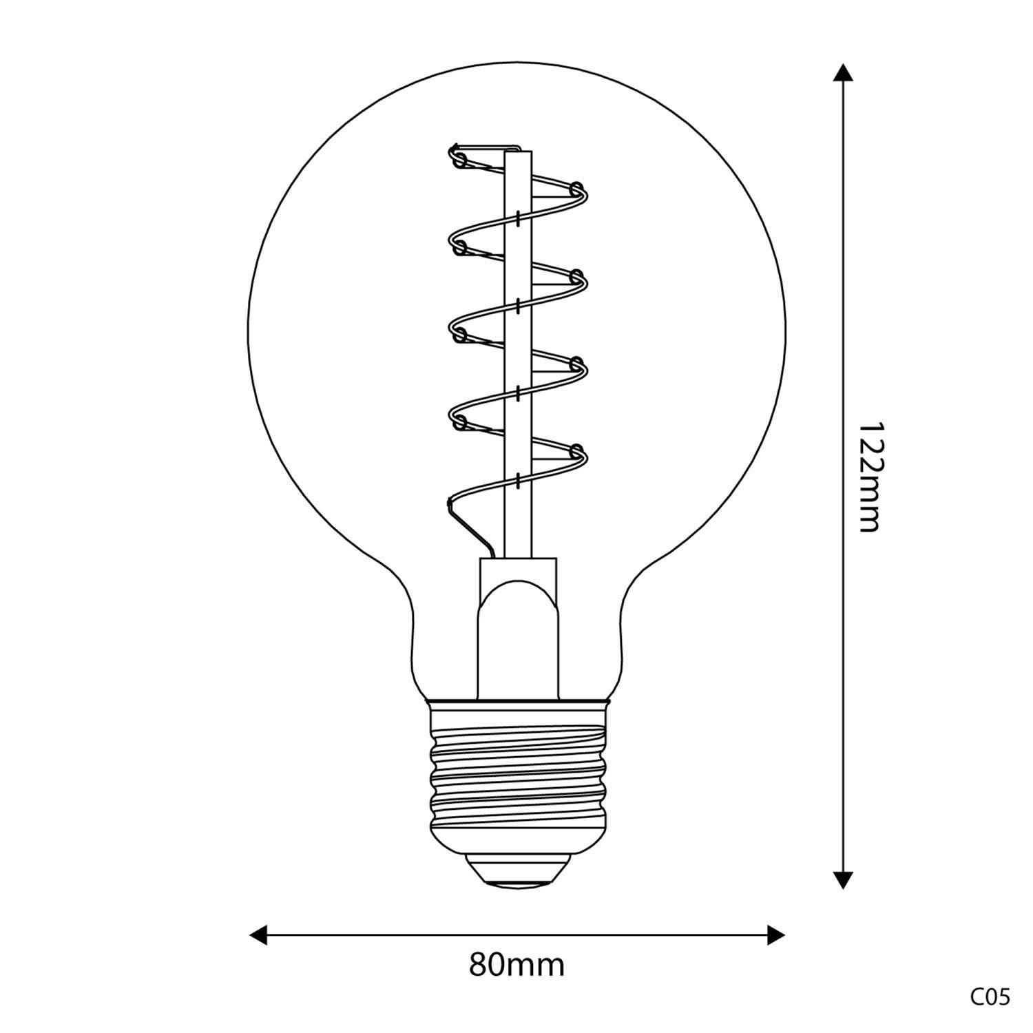 Lâmpada LED Dourada C05 Linha Carbono Filamento Curvo Espiral Globo G80 4W E27 Regulável 1800K