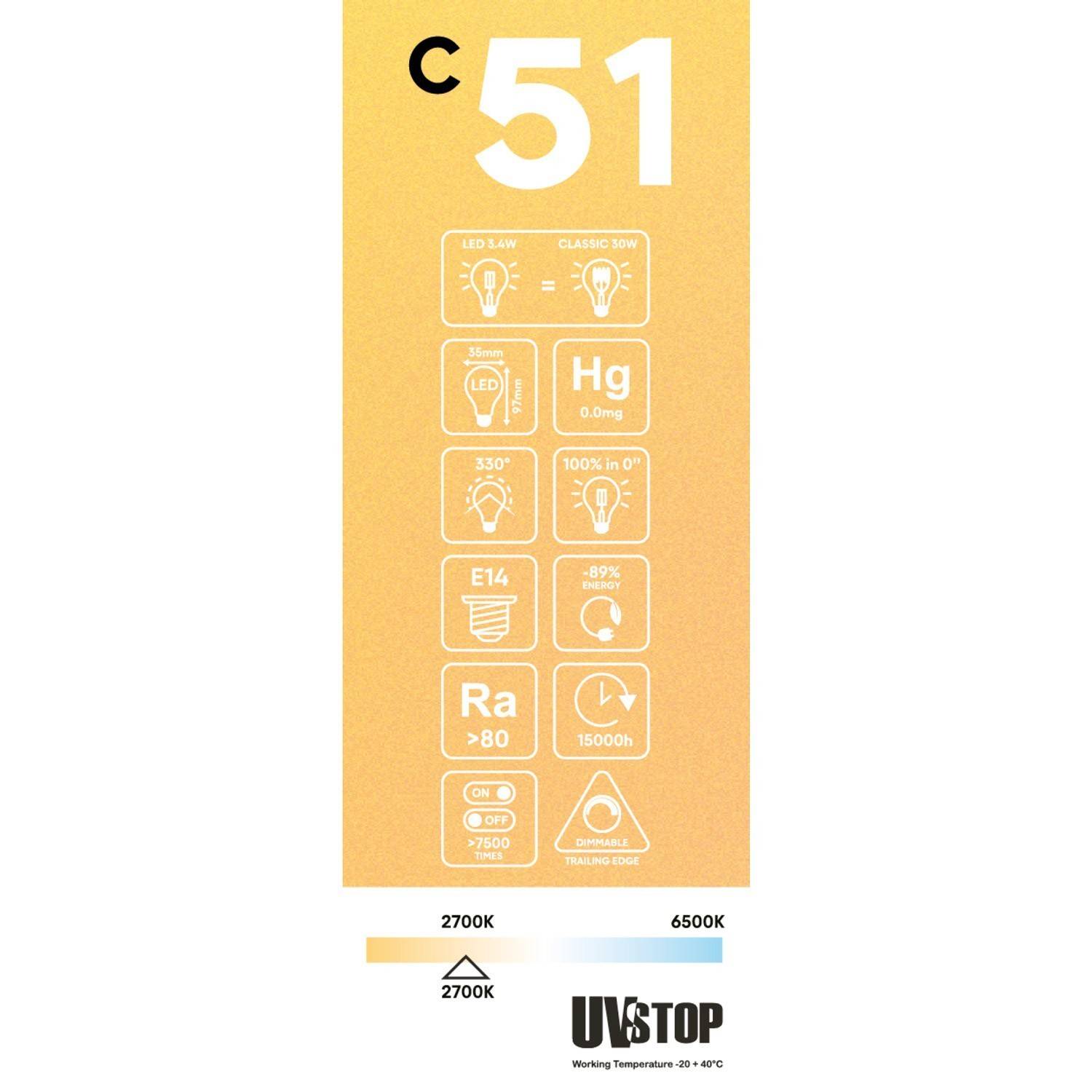 C51 Kronljus gyllene LED-lampa Carbon Line Vertikal Filamenttråd 3,5W E14 Dimbar 2700K