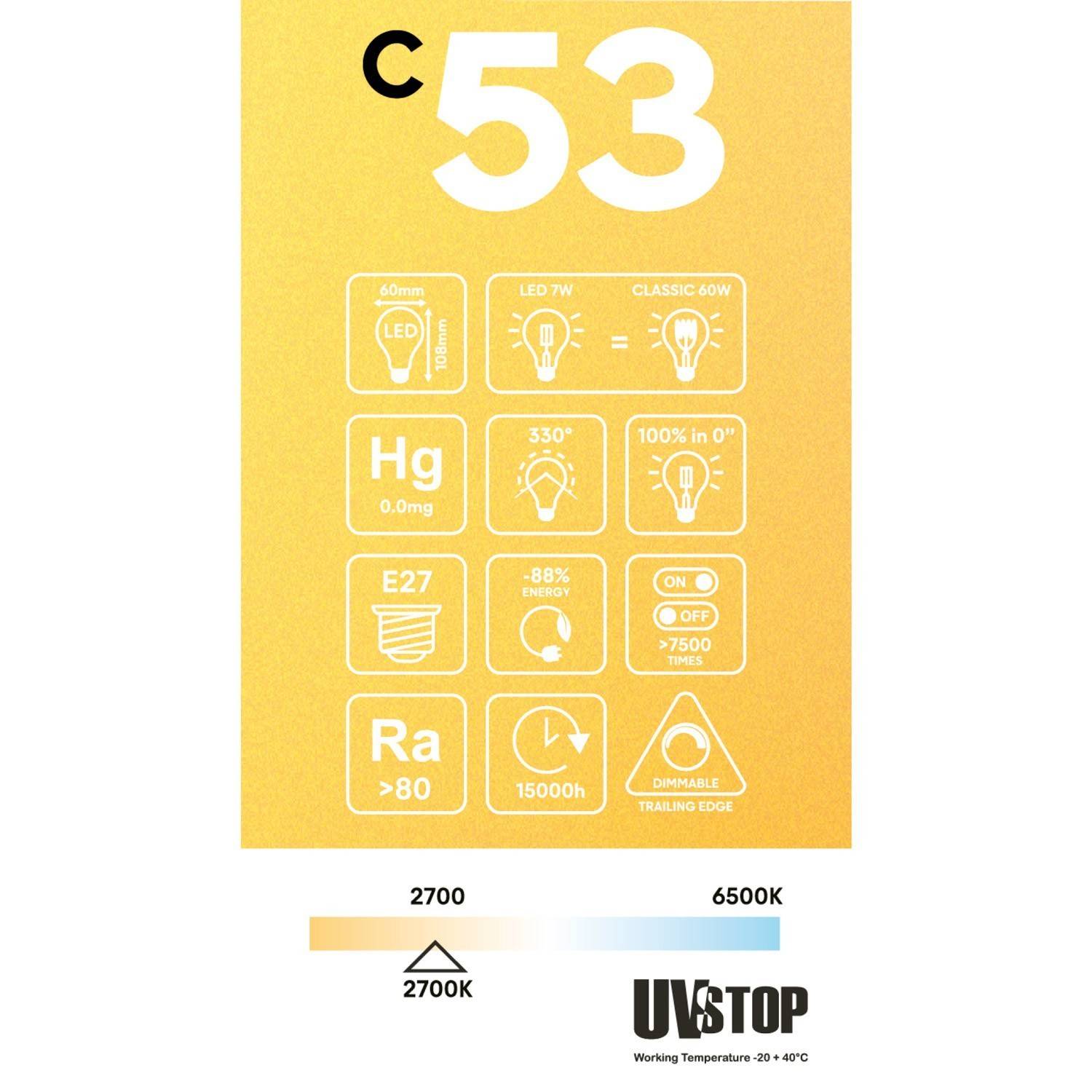 C53 Goccia A60 gyllene LED-lampa Carbon Line Vertikal Filamenttråd 7W E27 Dimbar 2700K