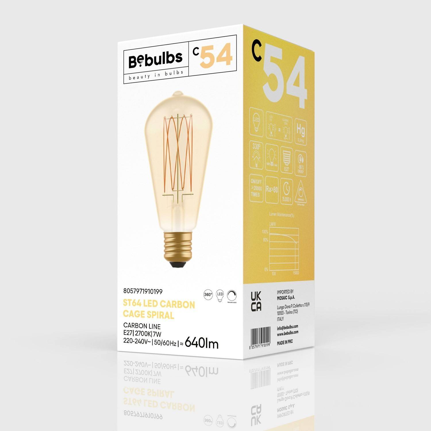 Bec LED cu filament de carbon în formă de sârmă din aur, model Edison ST64, cu puterea de 7W și 640 de lumeni, cu soclu E27, cu 