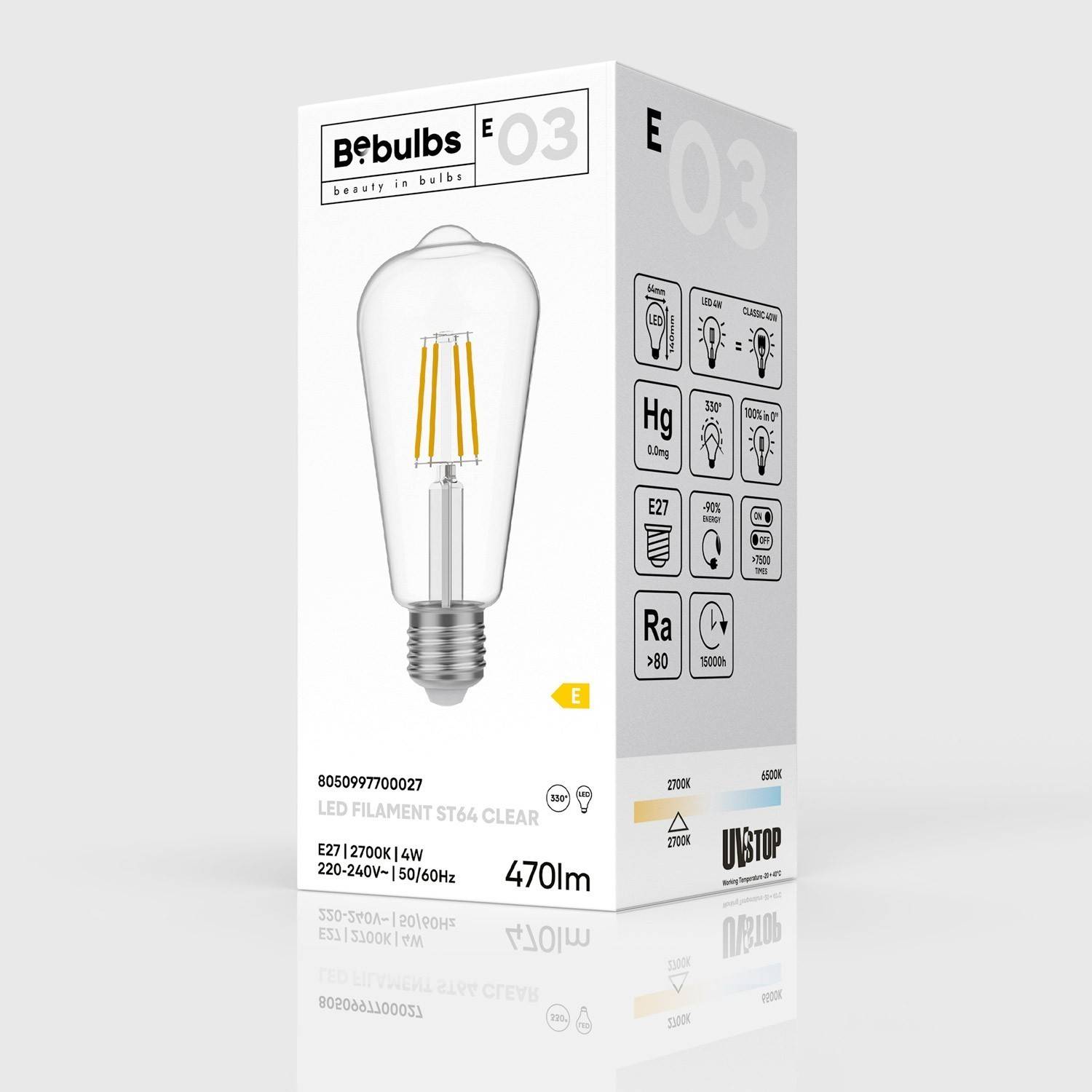 LED žárovka čirá Edison ST64 4W 470Lm E27 2700K - E03