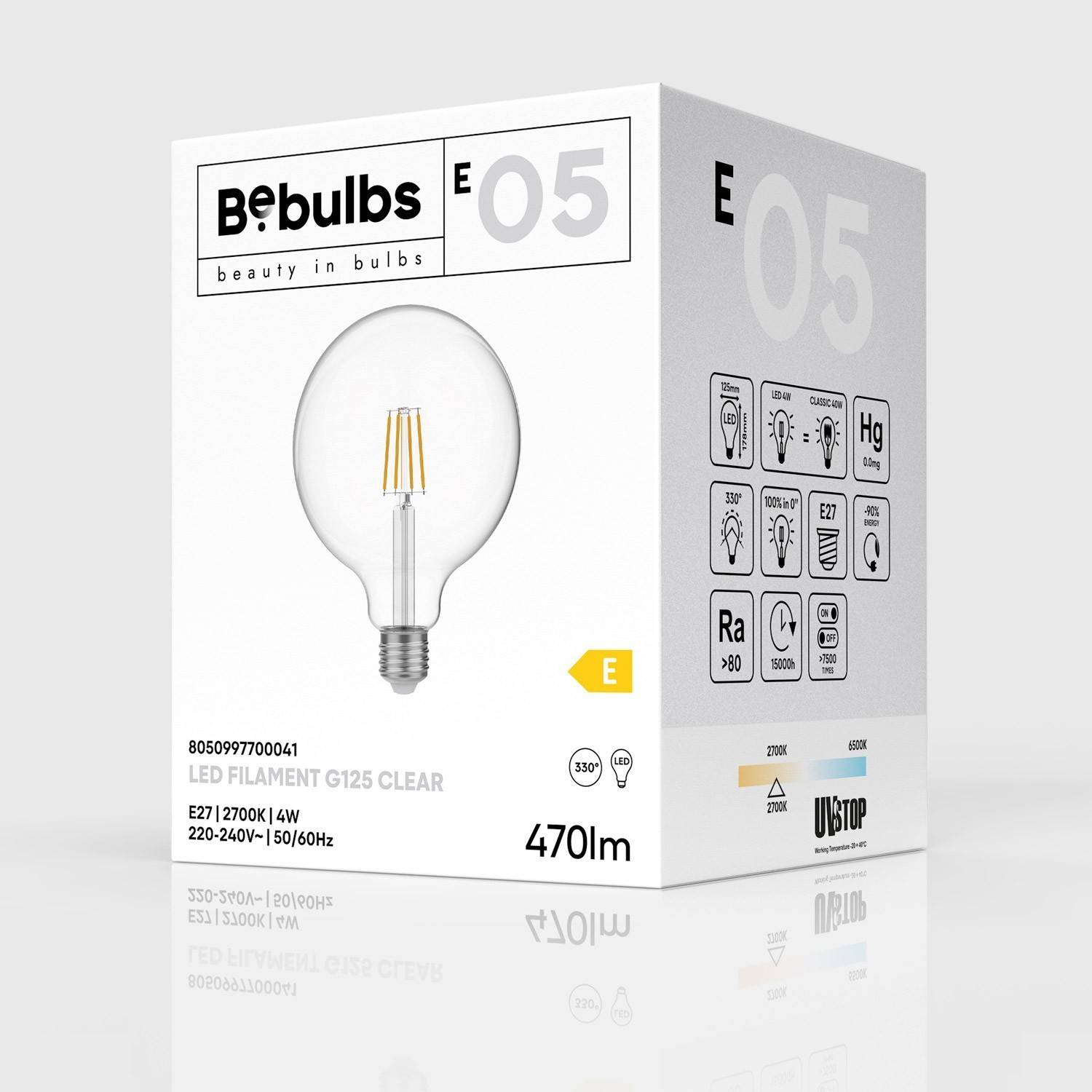 Bombilla LED Transparente Globo G125 4W 470Lm E27 2700K - E05