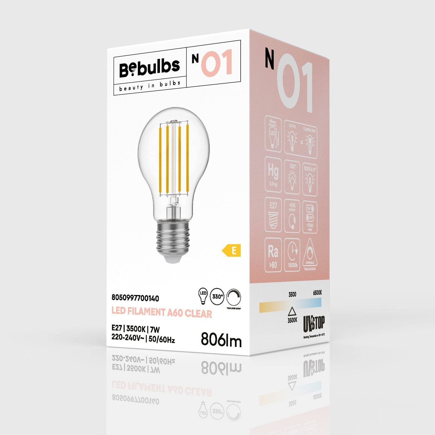 Bombilla LED Transparente Gota A60 7W 806Lm E27 3500K Regulable - N01