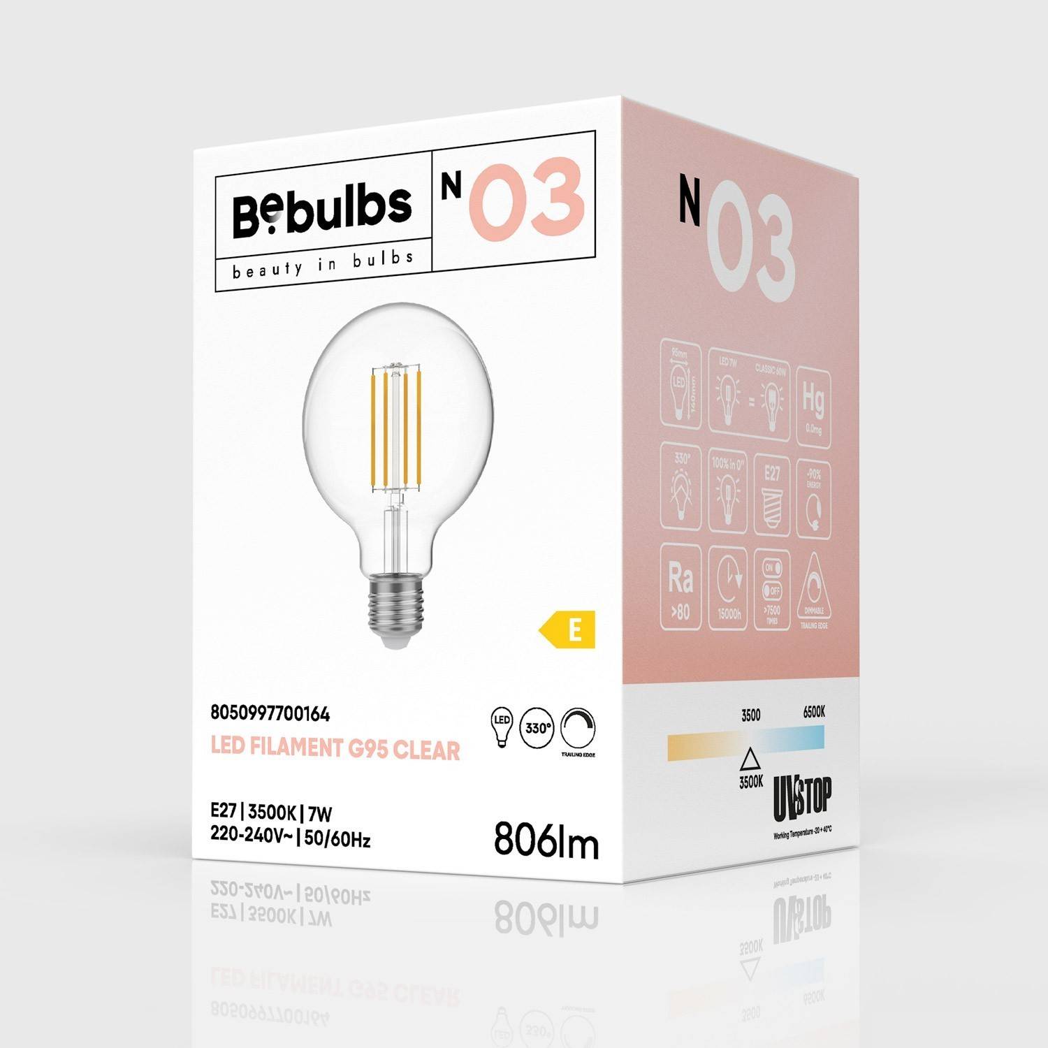 Bec cu LED transparent, glob G95, 7W, 806Lm, E27, 3500K, reglabil - N03