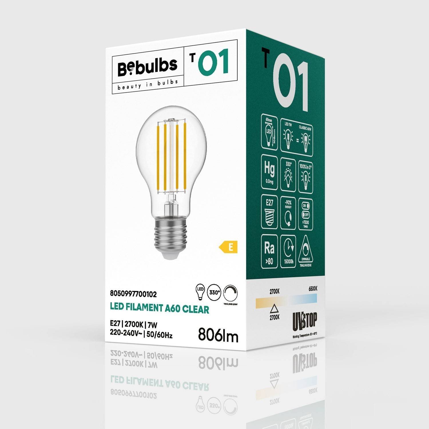 Bec LED clar în formă de picătură A60 7W 806Lm E27 2700K Reglabil - T01