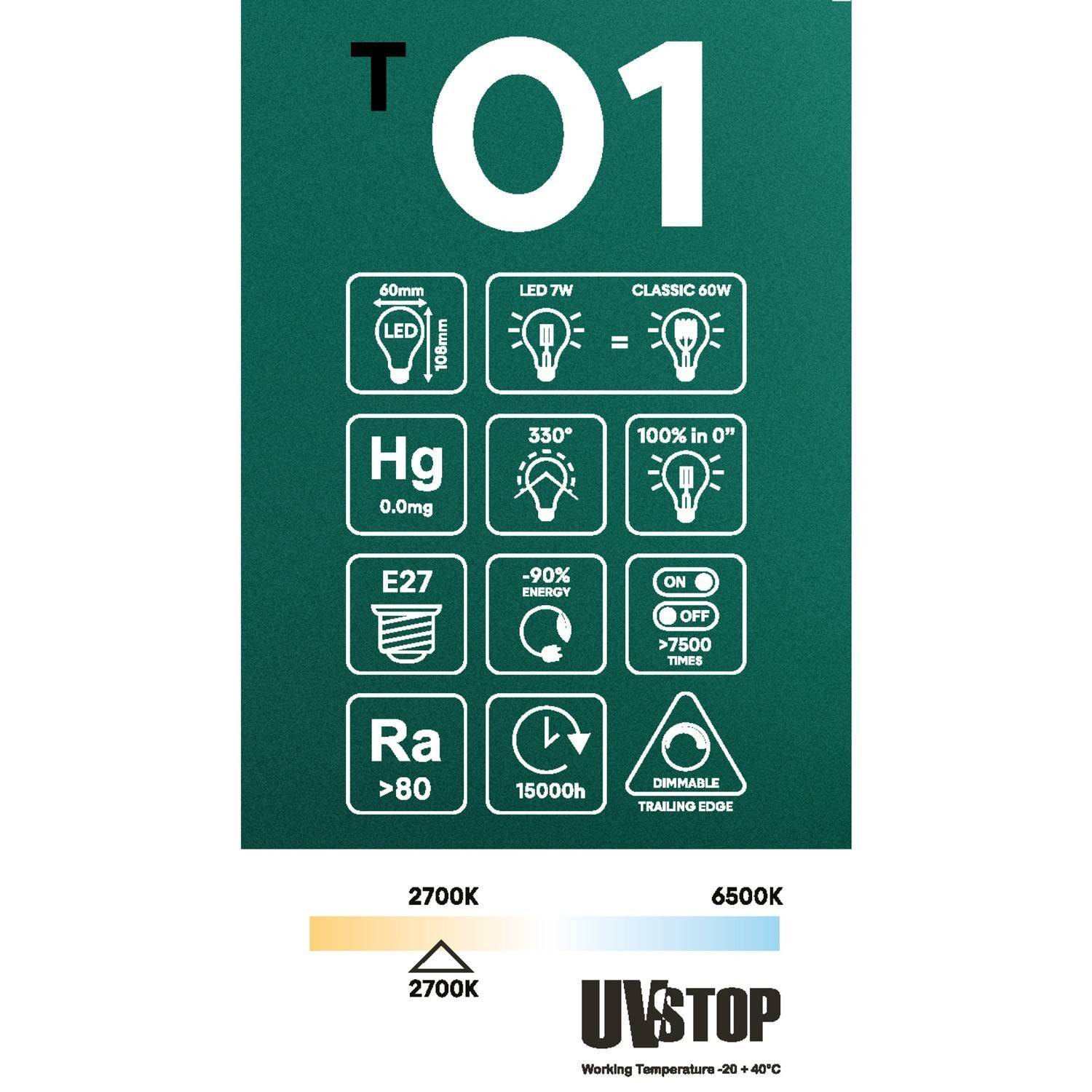 LED átlátszó csepp izzó A60 7W 806Lm E27 2700K Dimmelhető - T01