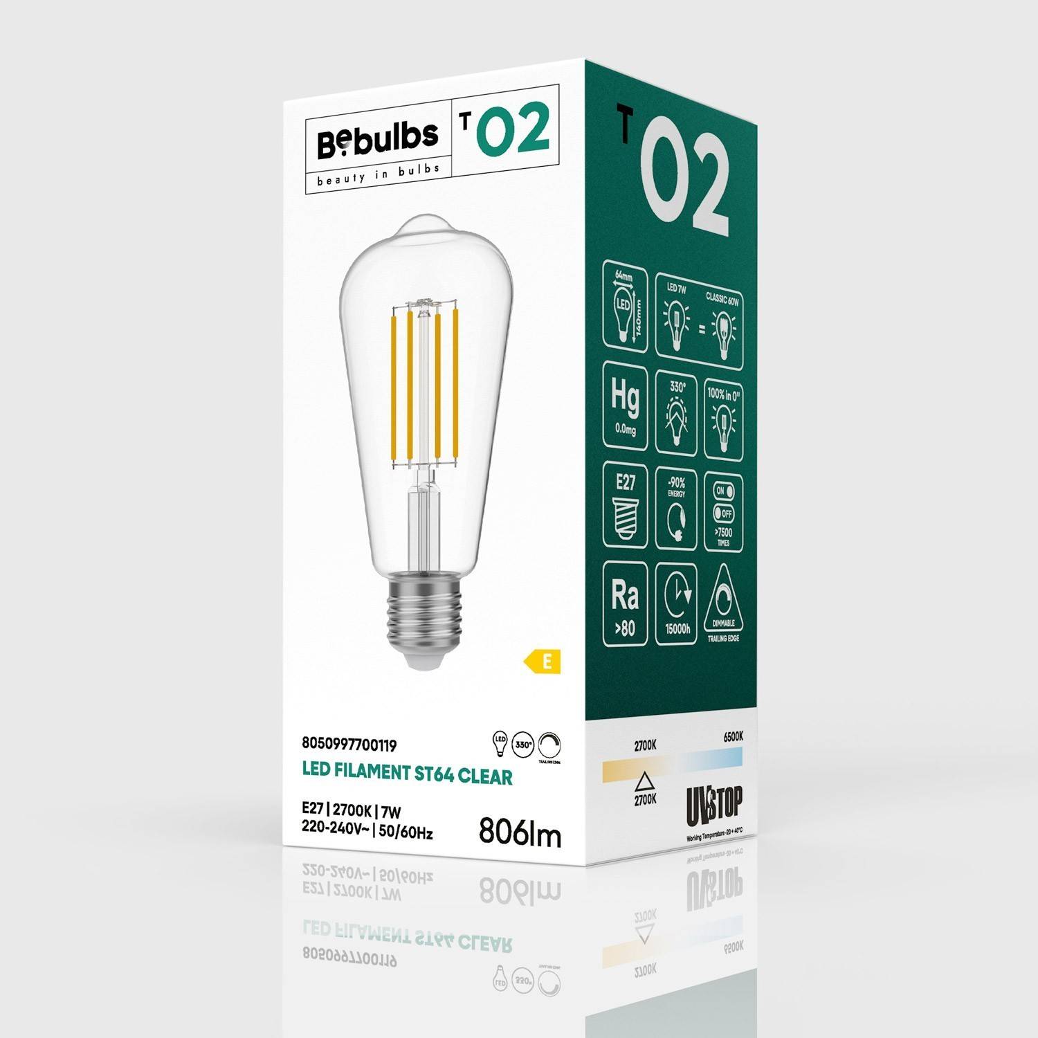 LED číra Edison žiarovka ST64 7W 806Lm E27 2700K Stmievateľná - T02