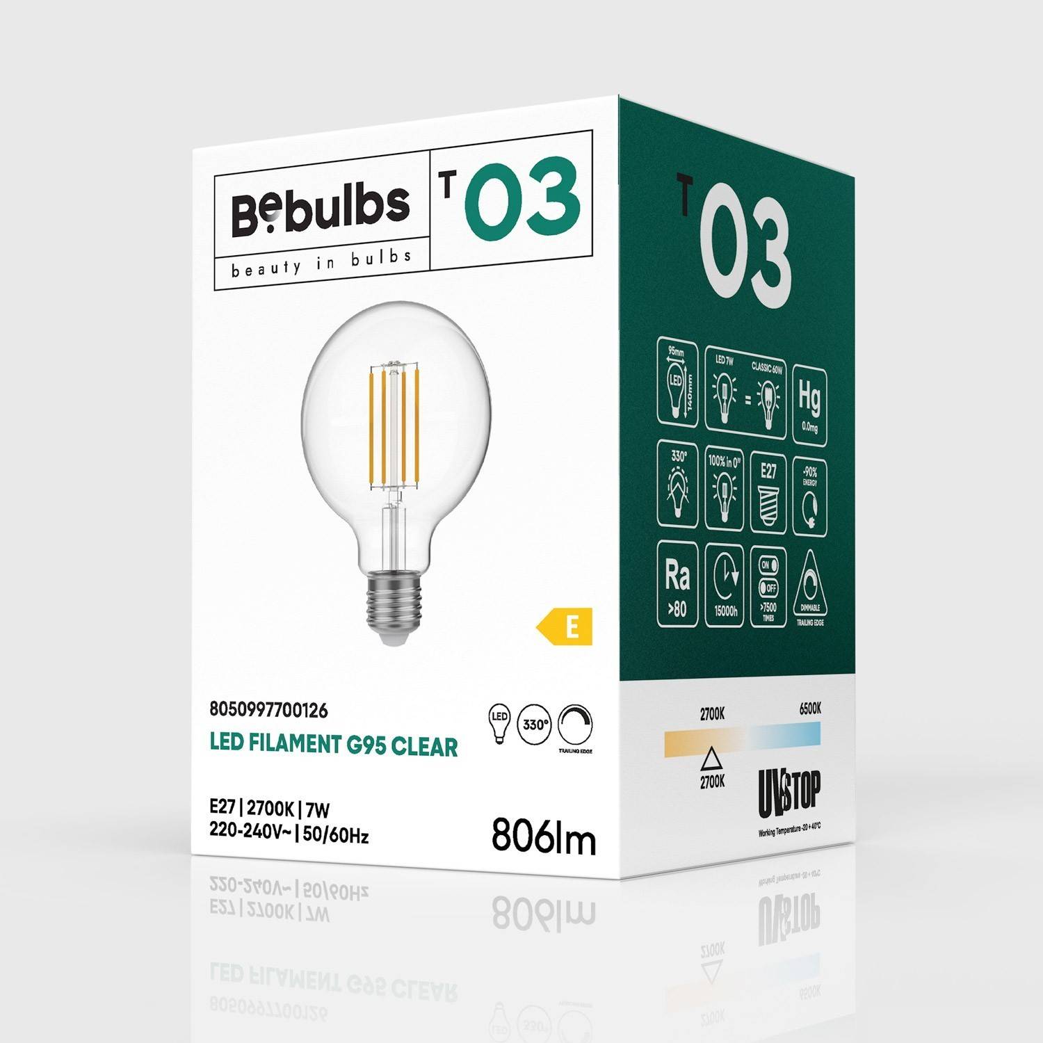 Bombilla LED Transparente Globo G95 7W 806Lm E27 2700K Regulable - T03