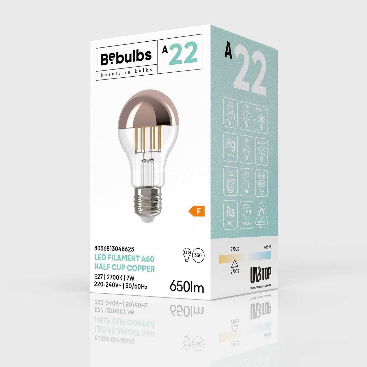 LED žárovka kapka s měděným vrchlíkem A60 7W 650Lm E27 2700K stmívatelná - A22