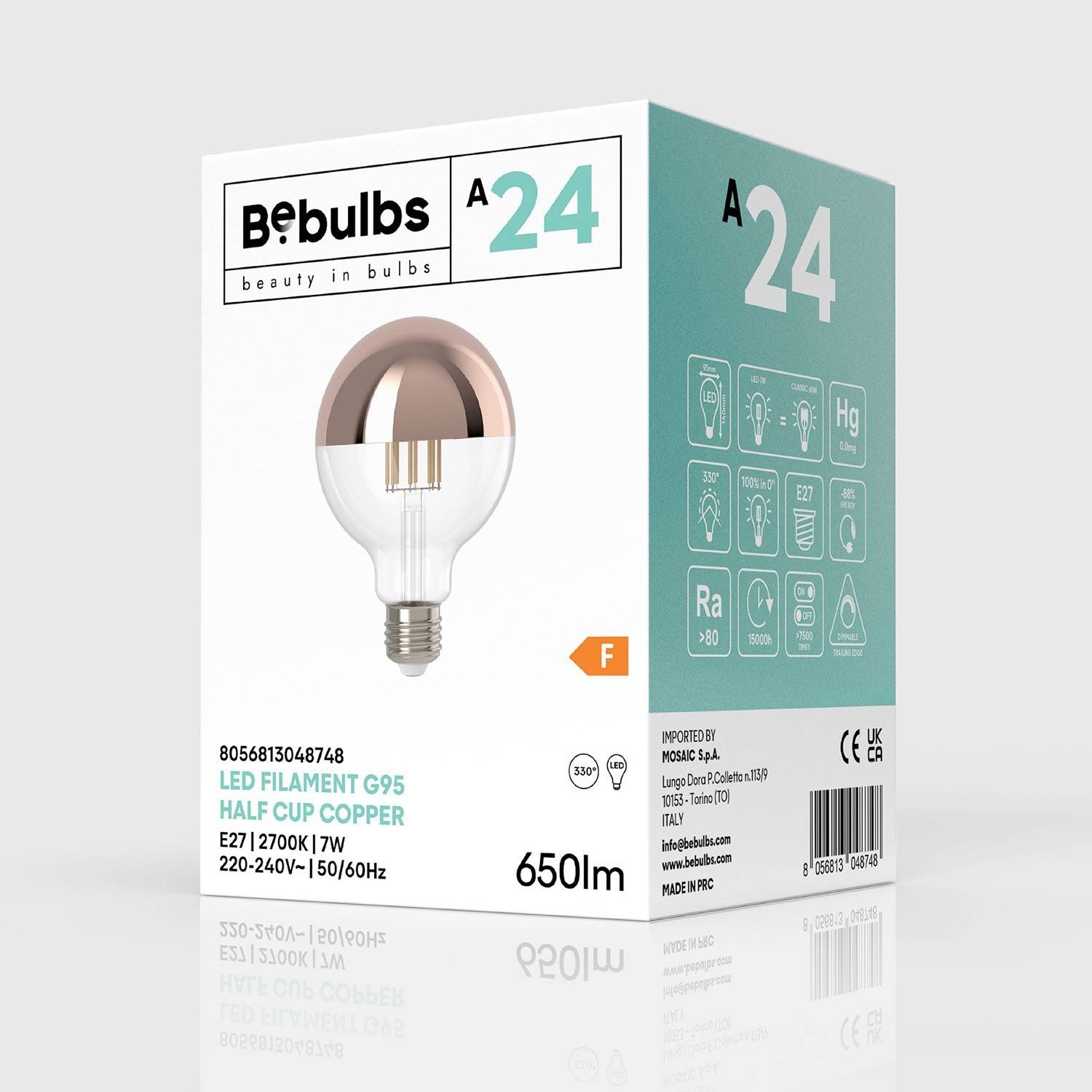 Bec cu LED în formă de semisferă din cupru, model G95, 7W, 650Lm, E27, 2700K, reglabil - A24