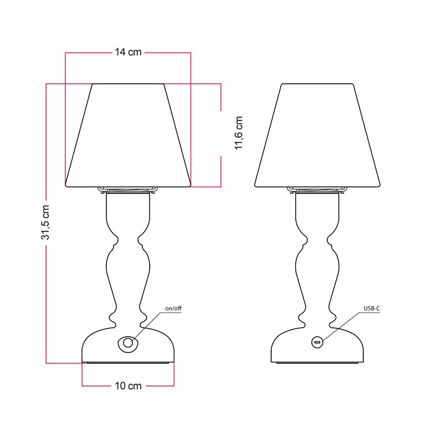 Cabless14 bärbar uppladdningsbar lampa med droppformad ljuskälla och lampskärm