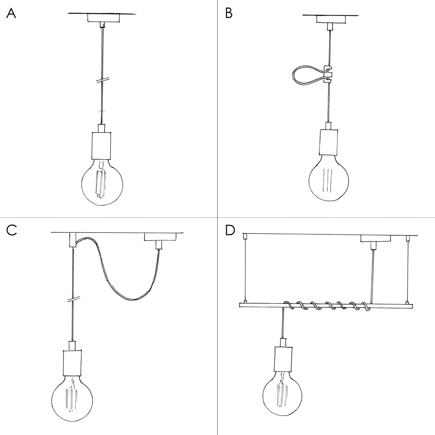 Candeeiro suspenso com cabo têxtil e detalhes monocromáticos em metal - Fabricado em Itália